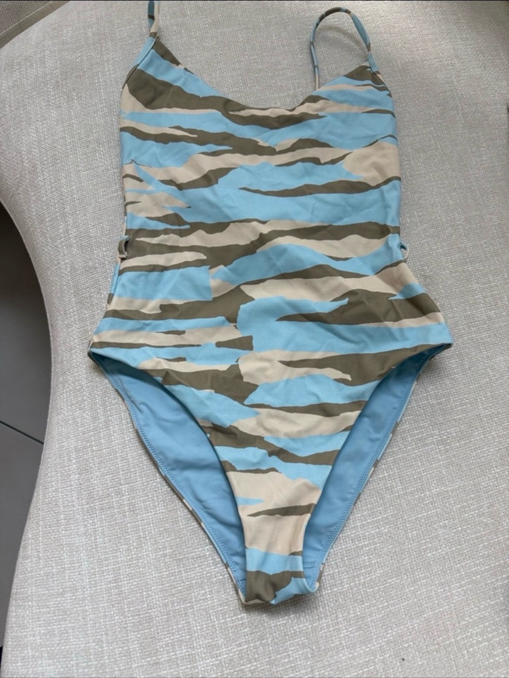 Jonathan Simkhai One-Piece Swimsuit in Light Blue, Tan & Olive